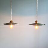 Pair of industrial pendant lights in green enamelled sheet metal