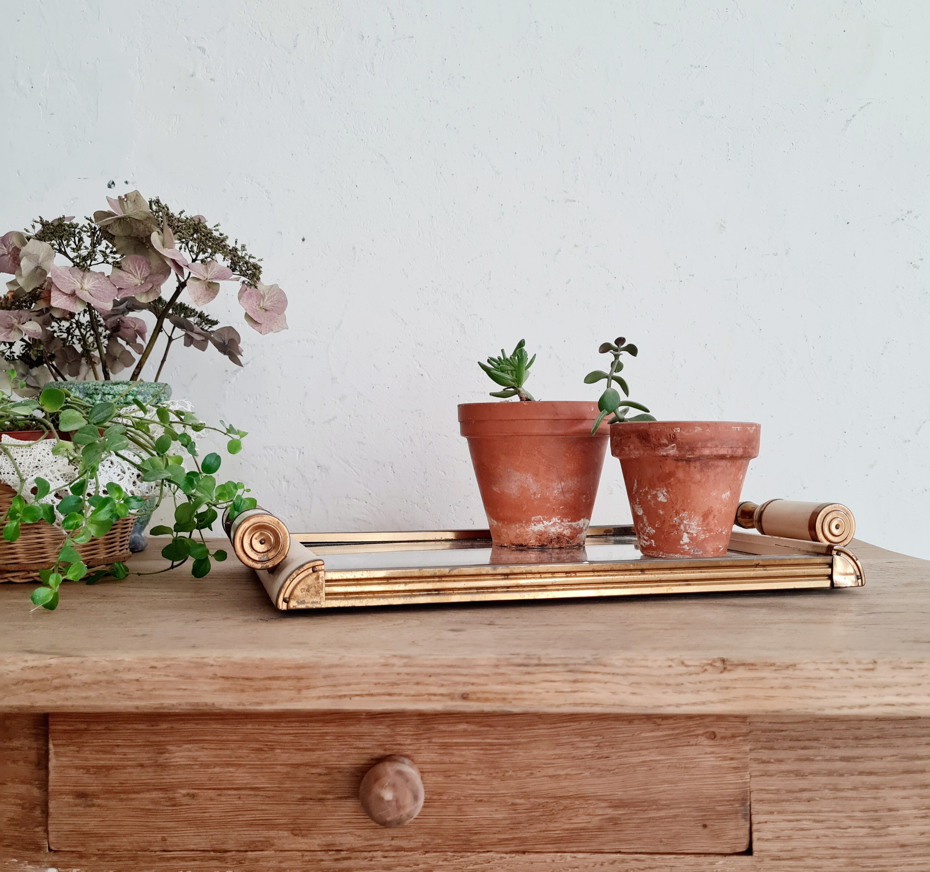 Art deco tray white wood and mirror
