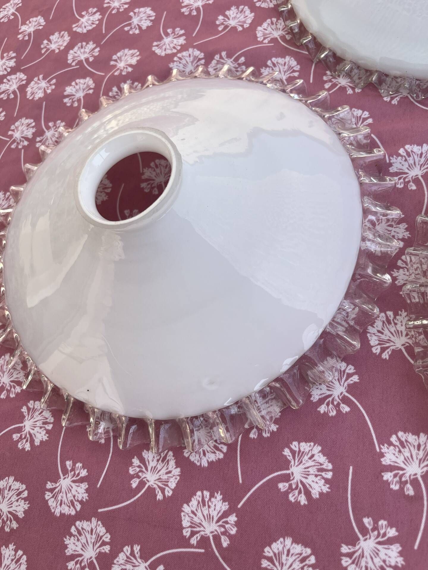 Set of 3 white opaline pendant lamps with scalloped collar.