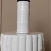 Vintage table lamp Tommaso Barbi - white ceramic, bamboo effect, Italy 1970s, handmade, Hollywood Regency style, retro bedside lamp.