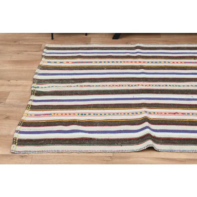 Turkish Vintage Striped Brown Blue Kilim Runner Rug 145x324