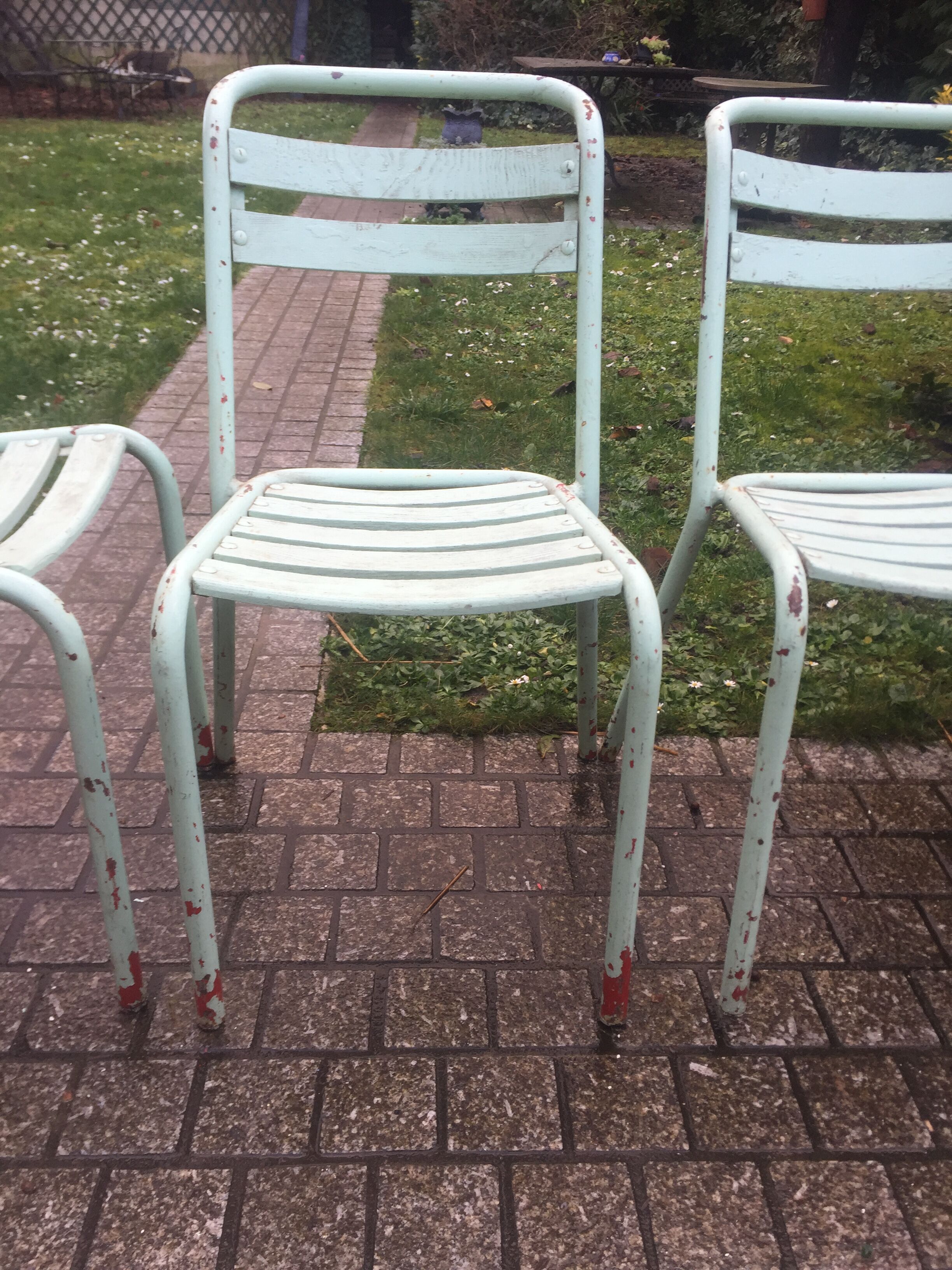 4 chaises vintage tolix bois et métal vert d'eau 1950