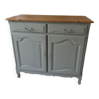 Oak sideboard of good quality Louis XV style re-enchanted in gray green, wooden tray.