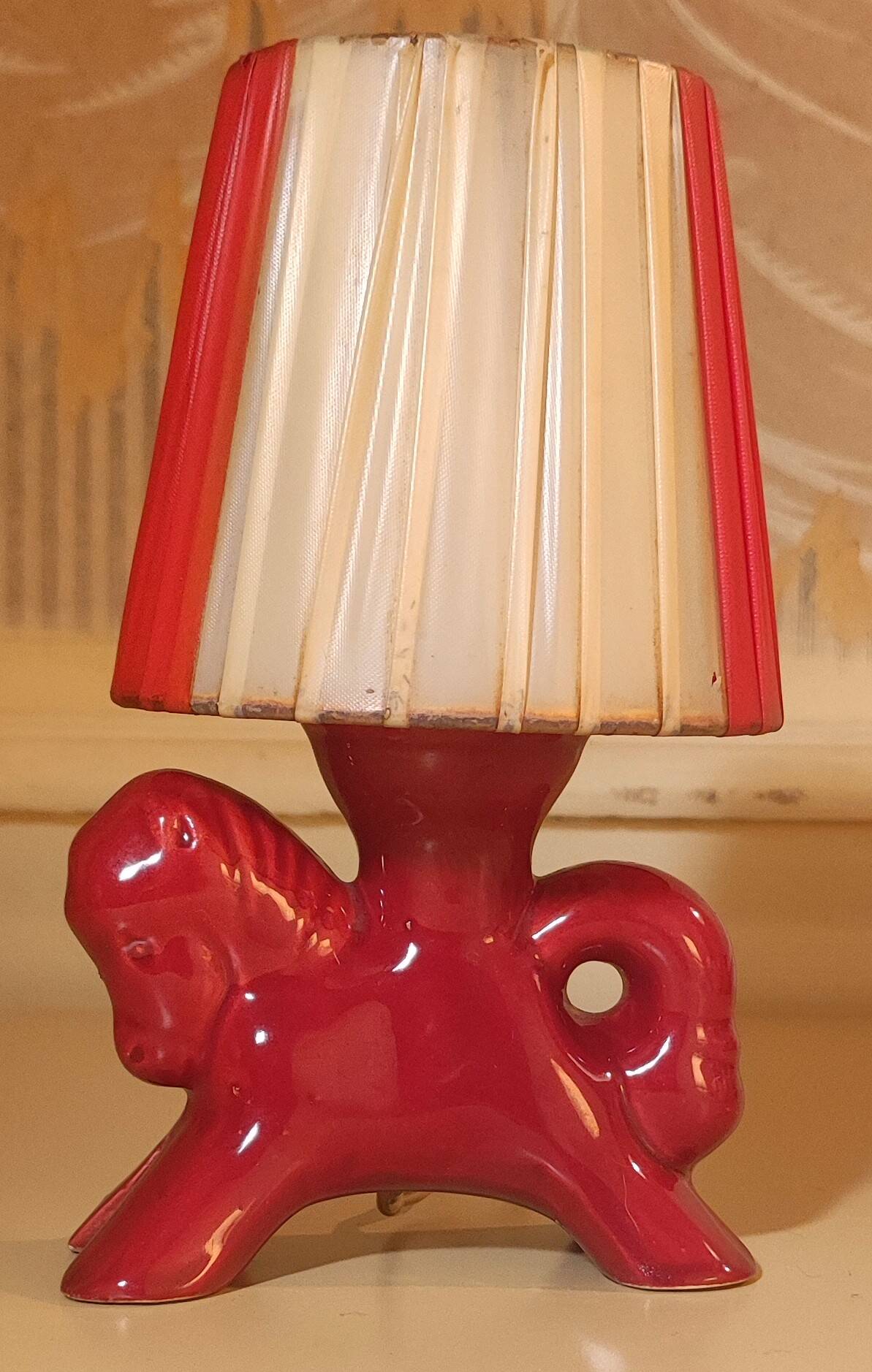 Burgundy ceramic horse lamp from the 1950s