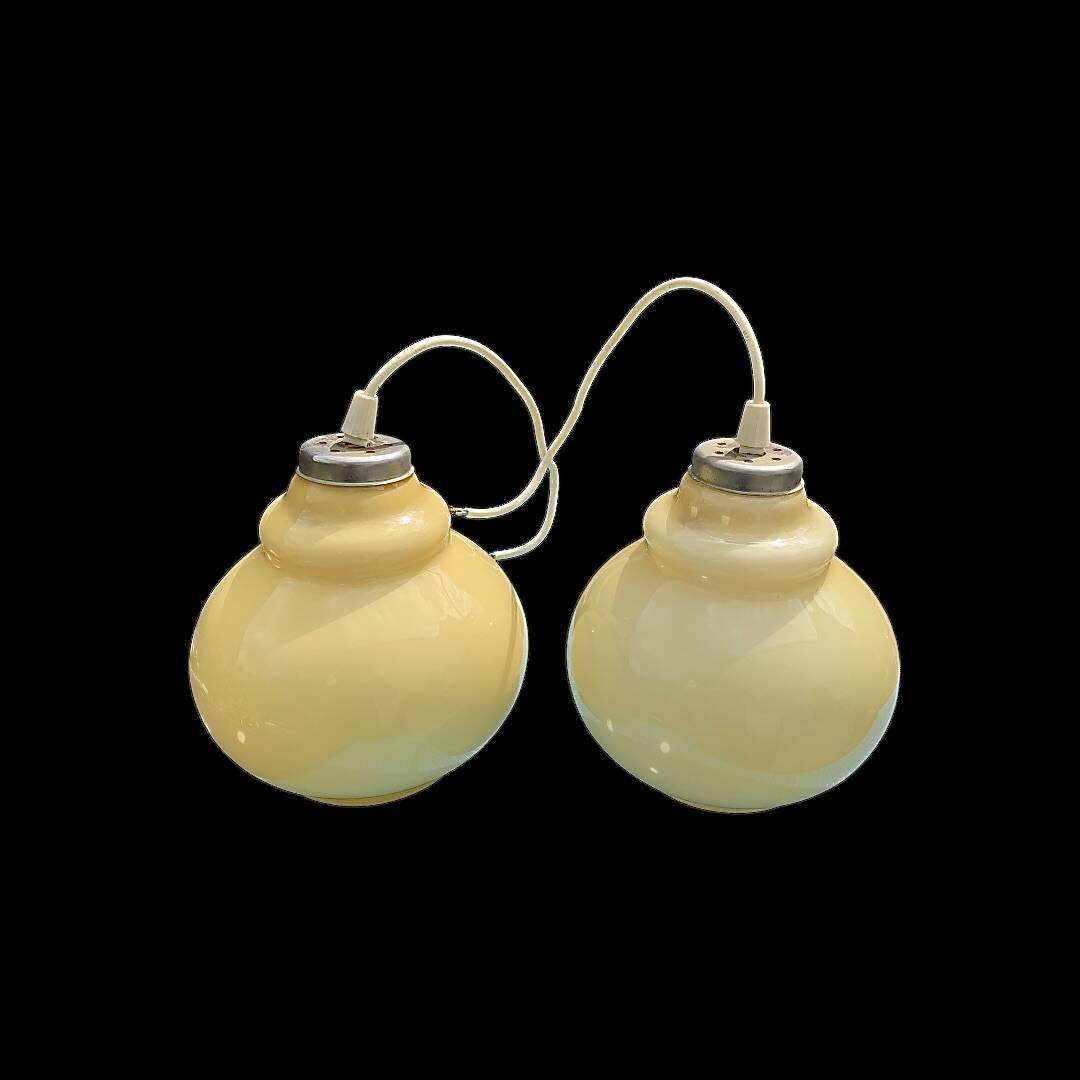 Pair of antique cream opal glass pendant lights – 1970s