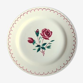 Old round dish in ceramics Badonviller red rose pattern