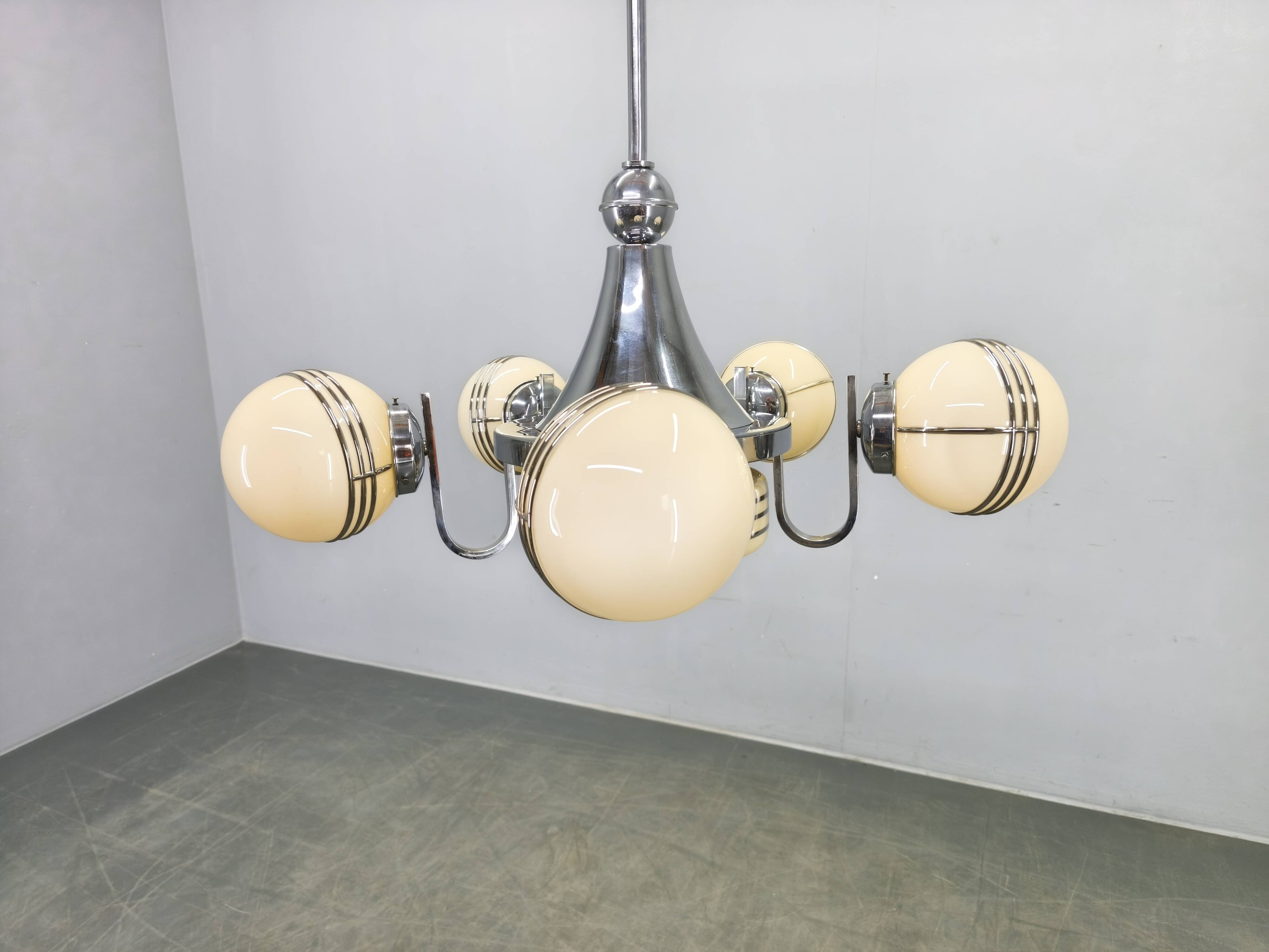 Art Deco Chrome and Glass Chandelier, 5 Globes, 1930s