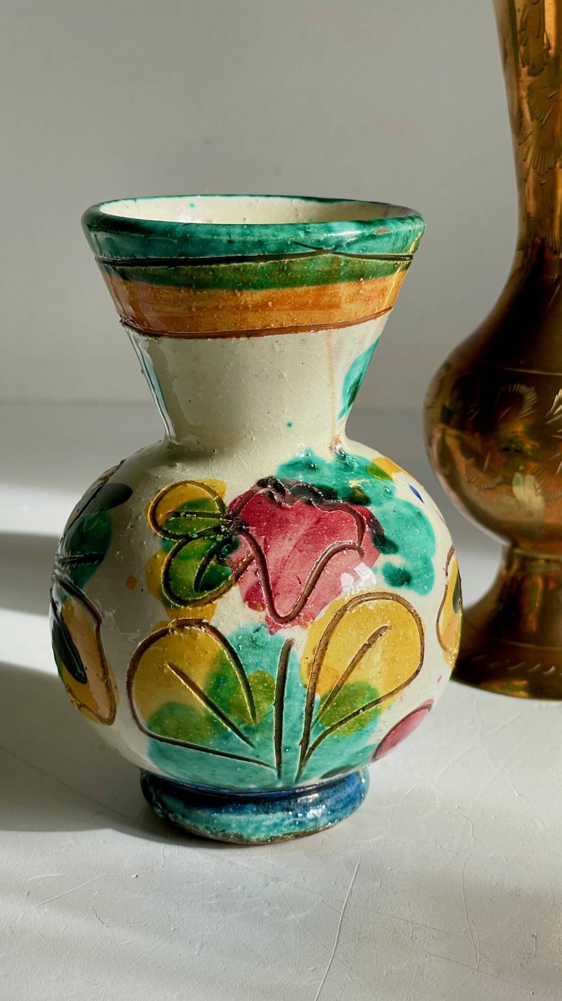 Vases céramique artisanale laiton ciselé vintage