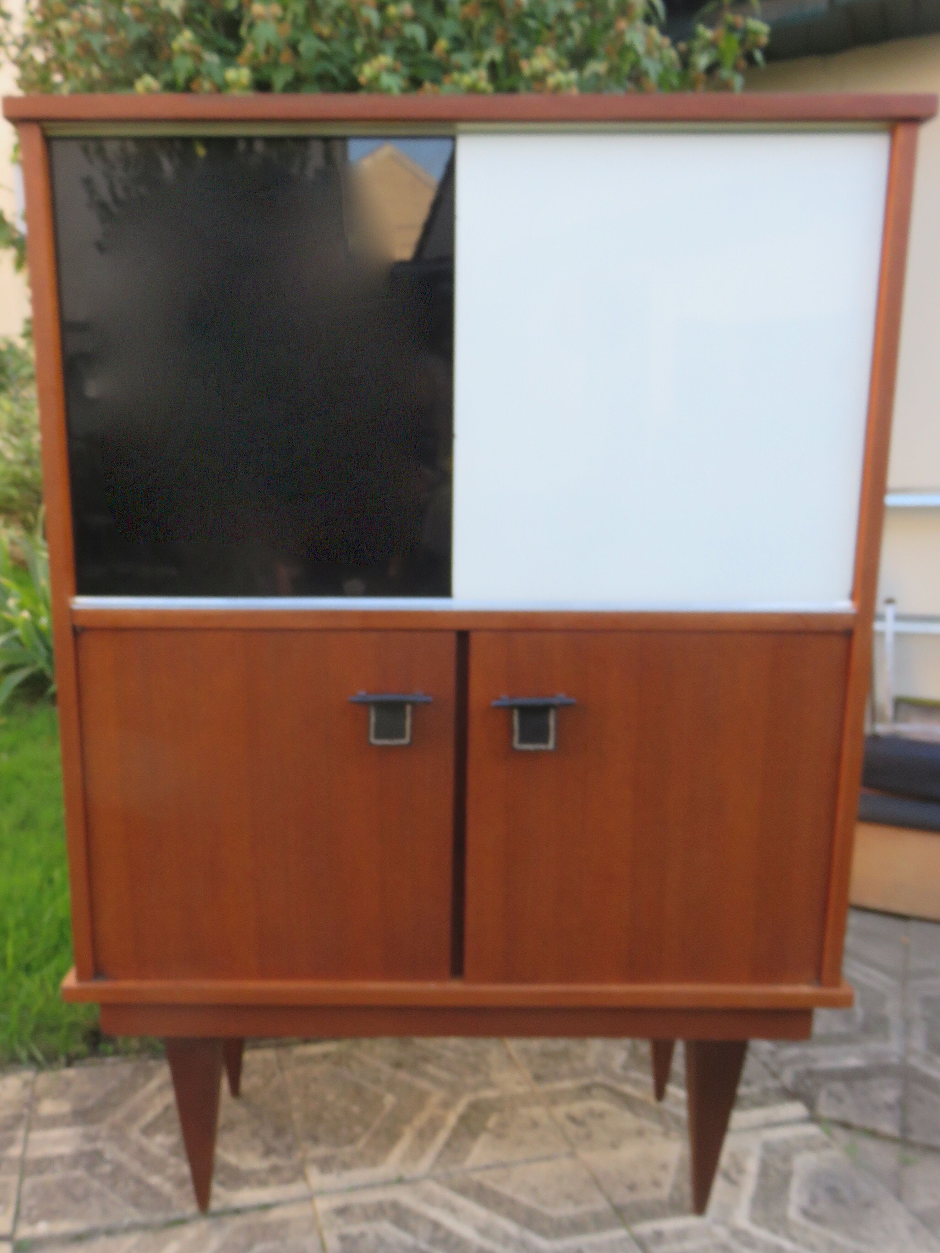 Vintage sideboard with black and white glass doors with cupboard, modernist style, France 1955