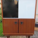 Vintage sideboard with black and white glass doors with cupboard, modernist style, France 1955