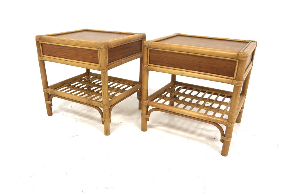 Set of 2 rattan bedside tables, Kenneth Bergenblad, Dux, Sweden, 1960.