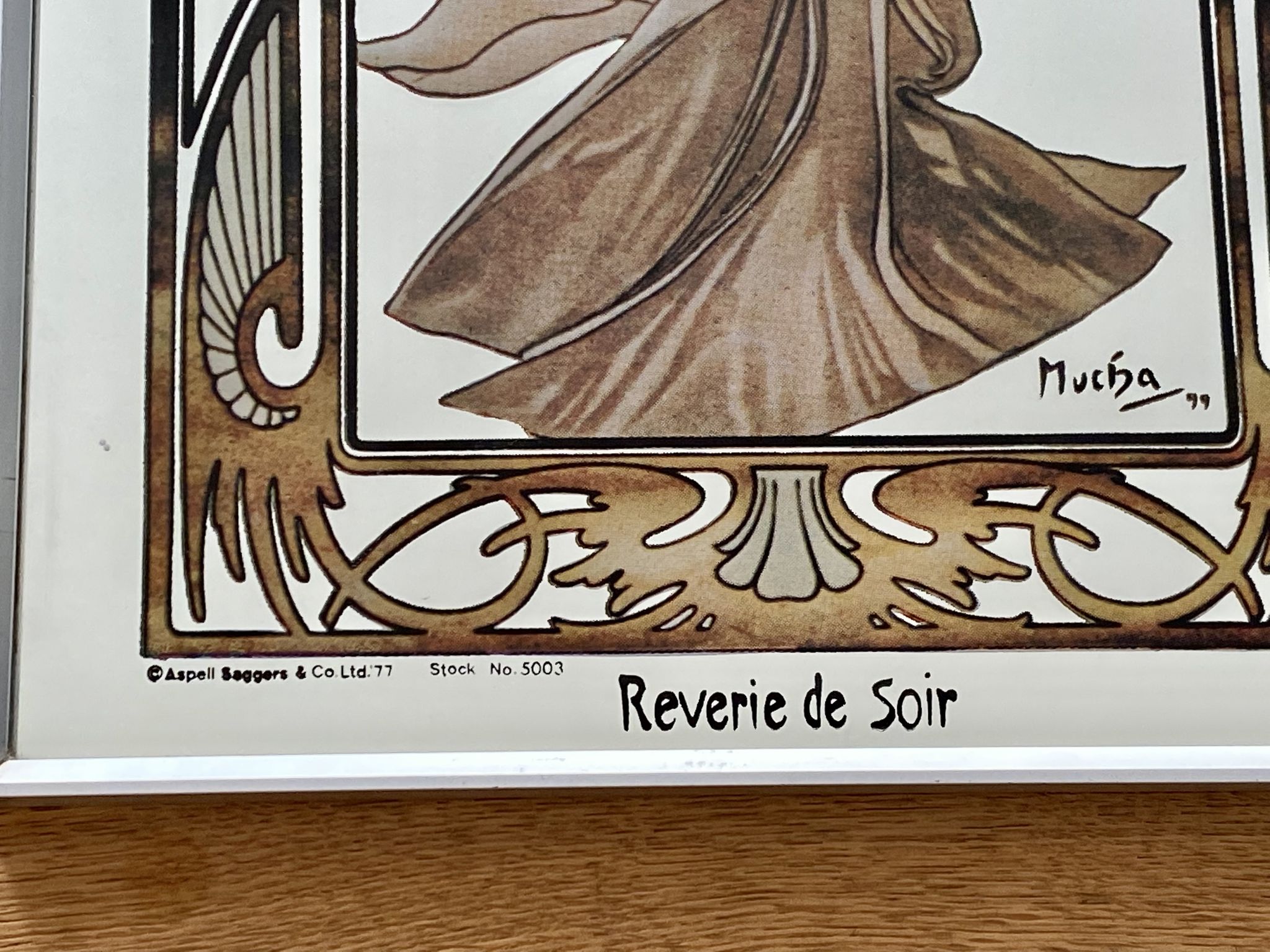 Silkscreened mirror after Mucha Rêverie du soir