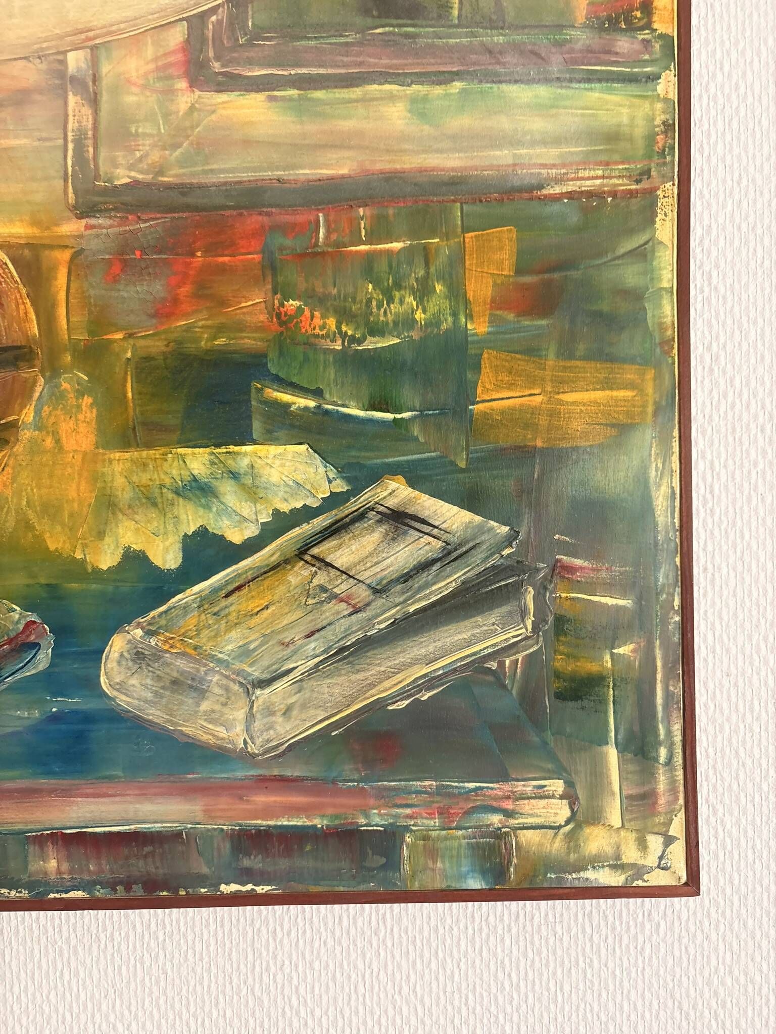 Old Oil Painting Canvas Still Life Lamp Book Modernist