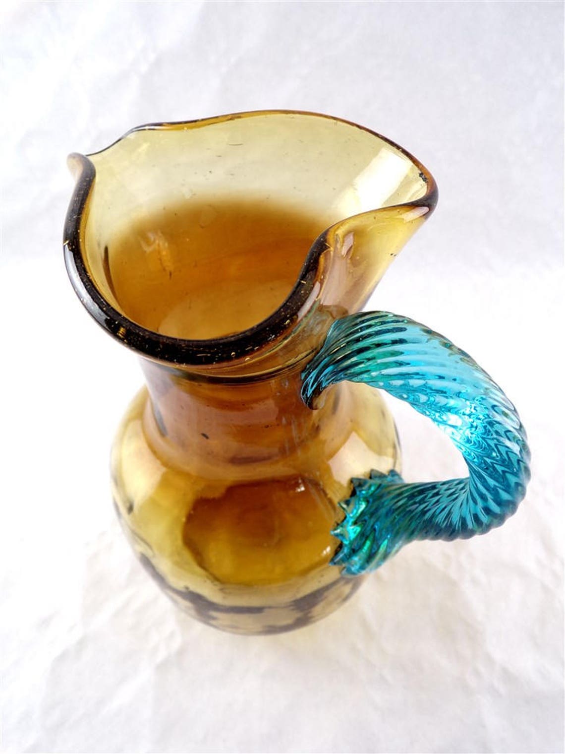 Pitcher in blown glass Portieux model Georges Sand amber and vintage blue France