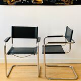 Pair of tubular armchairs in metal and leather Style Marcel Breuer