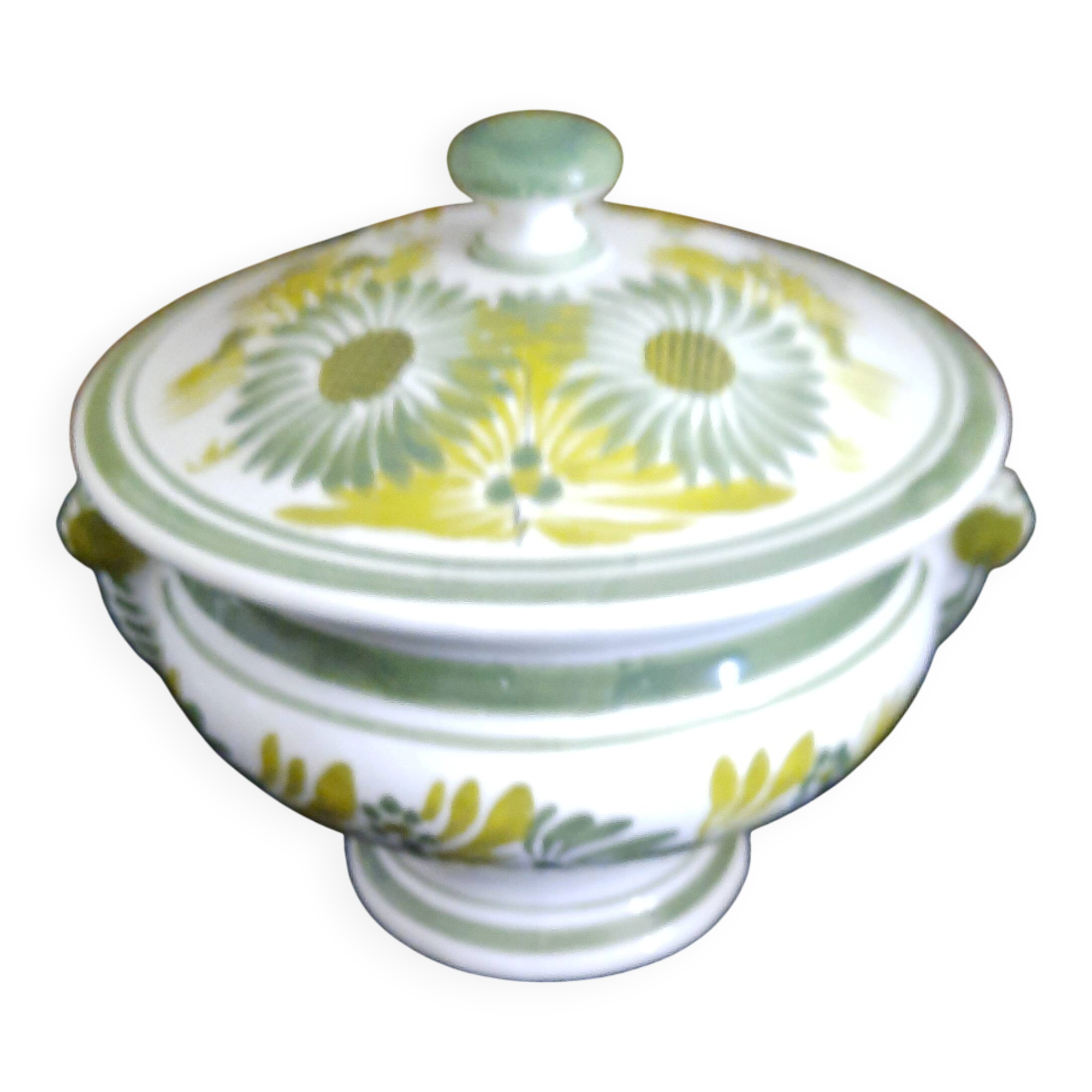 Soup tureen / Sweet jar in HB Quimper earthenware with green and yellow floral decoration - S