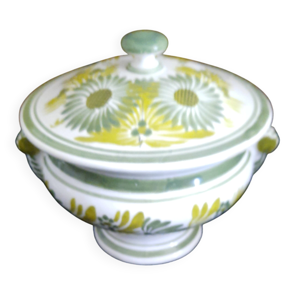Soupière / Bonbonnière en Faïence HB Quimper Décor Floral Vert et Jaune - S