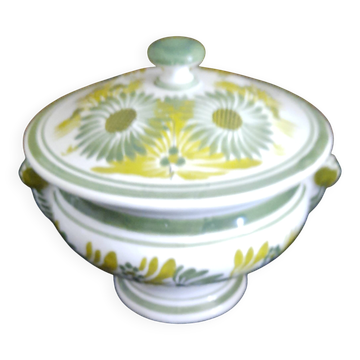 Soup tureen / Sweet jar in HB Quimper earthenware with green and yellow floral decoration - S