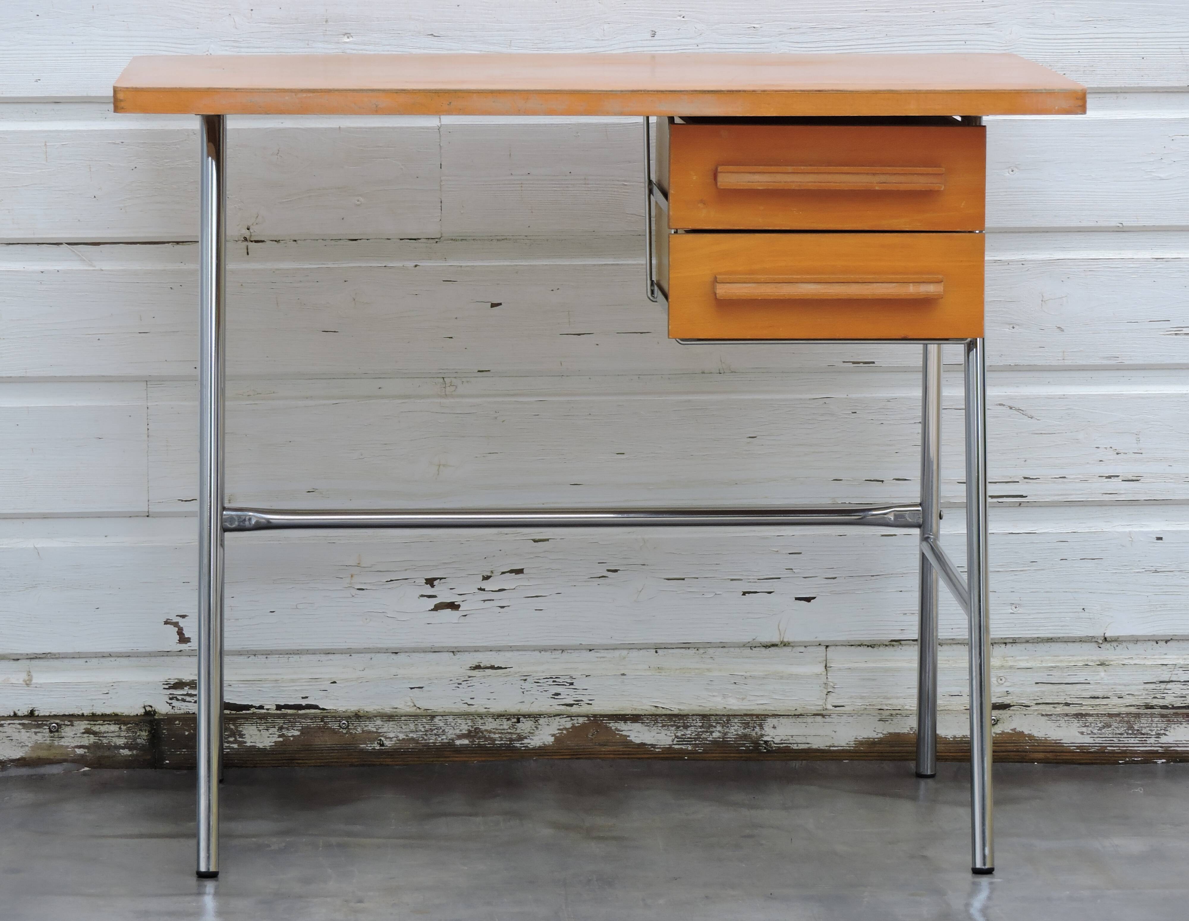 Bureau vintage en bois et tube chromé
