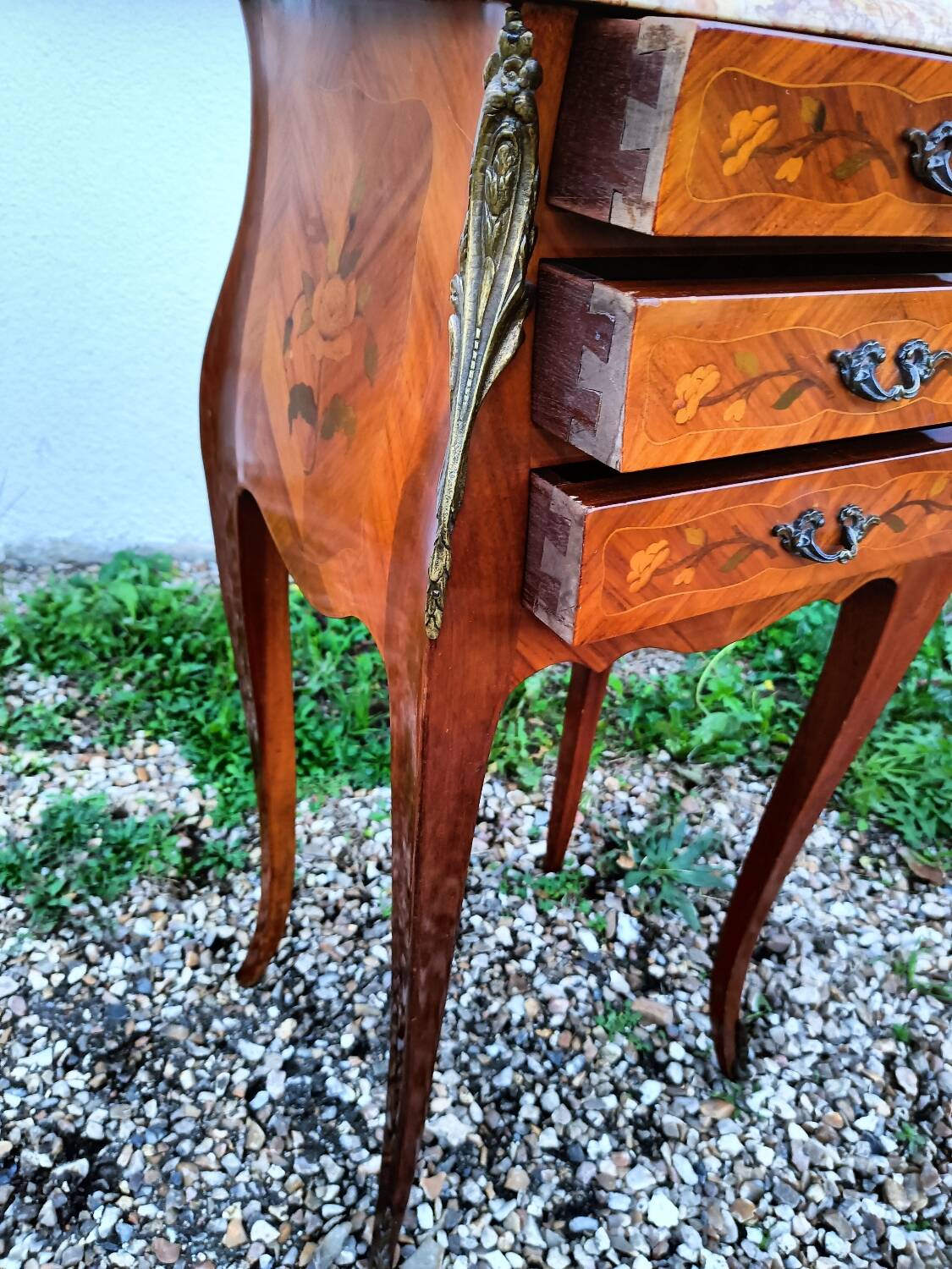 Louis xv style marble top marquetry bedside tables