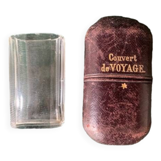 Crystal travel glass and its leather and gold case 19th century