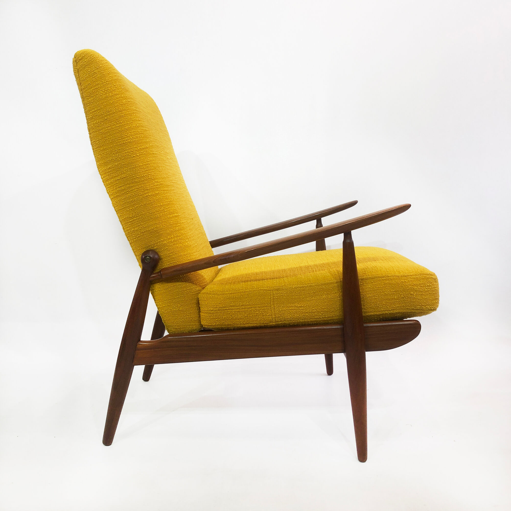 Scandart high back yellow bouclé armchair 60s 70s midcentury vintage retro ercol