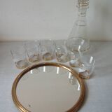 Old glass carafe liquor service with gilding vintage ice mirror tray