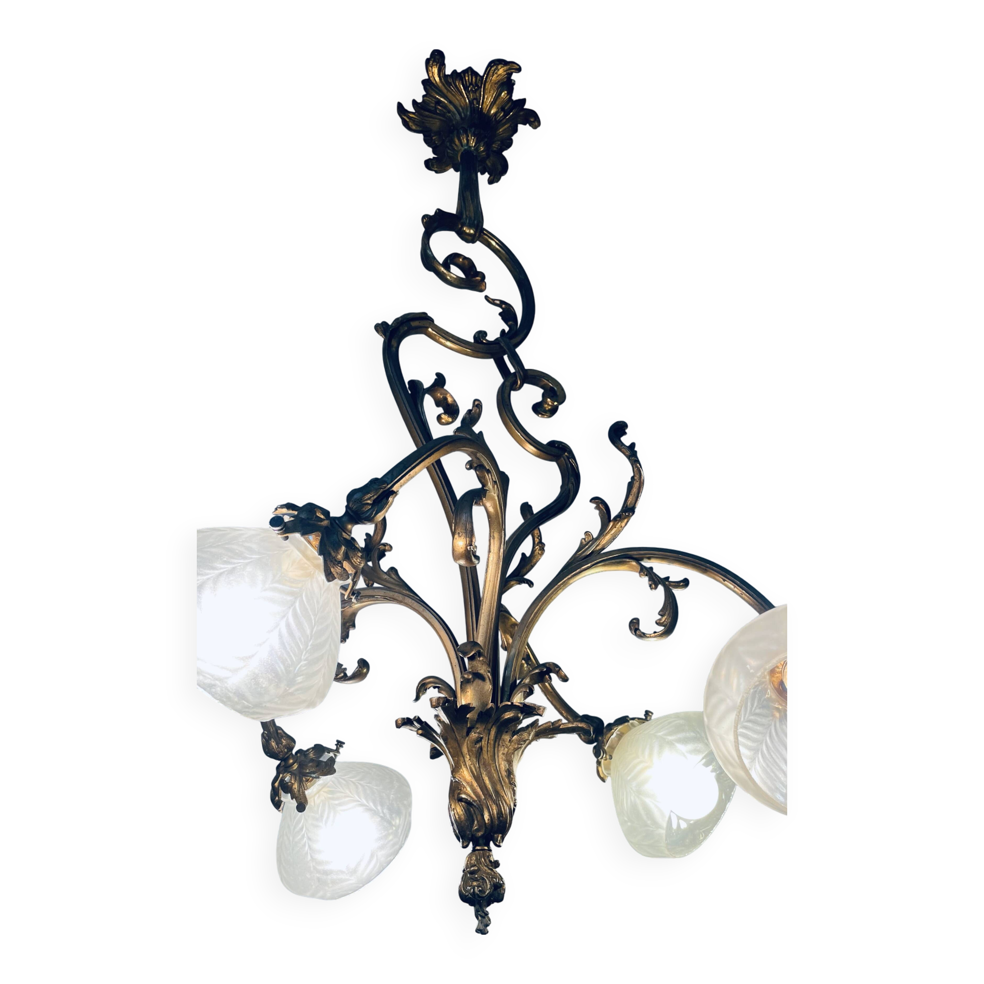 Jugendstil Golden Chandelier with Frosted Glass Shades