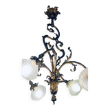 Jugendstil Golden Chandelier with Frosted Glass Shades