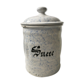 Vintage sugar jar in white and blue enamelled iron