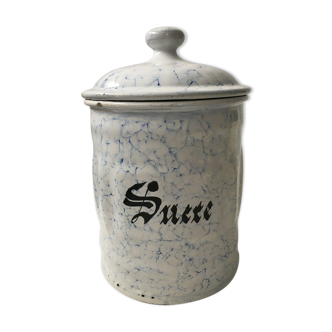 Pot de sucre vintage en fer émaillé blanc et bleu