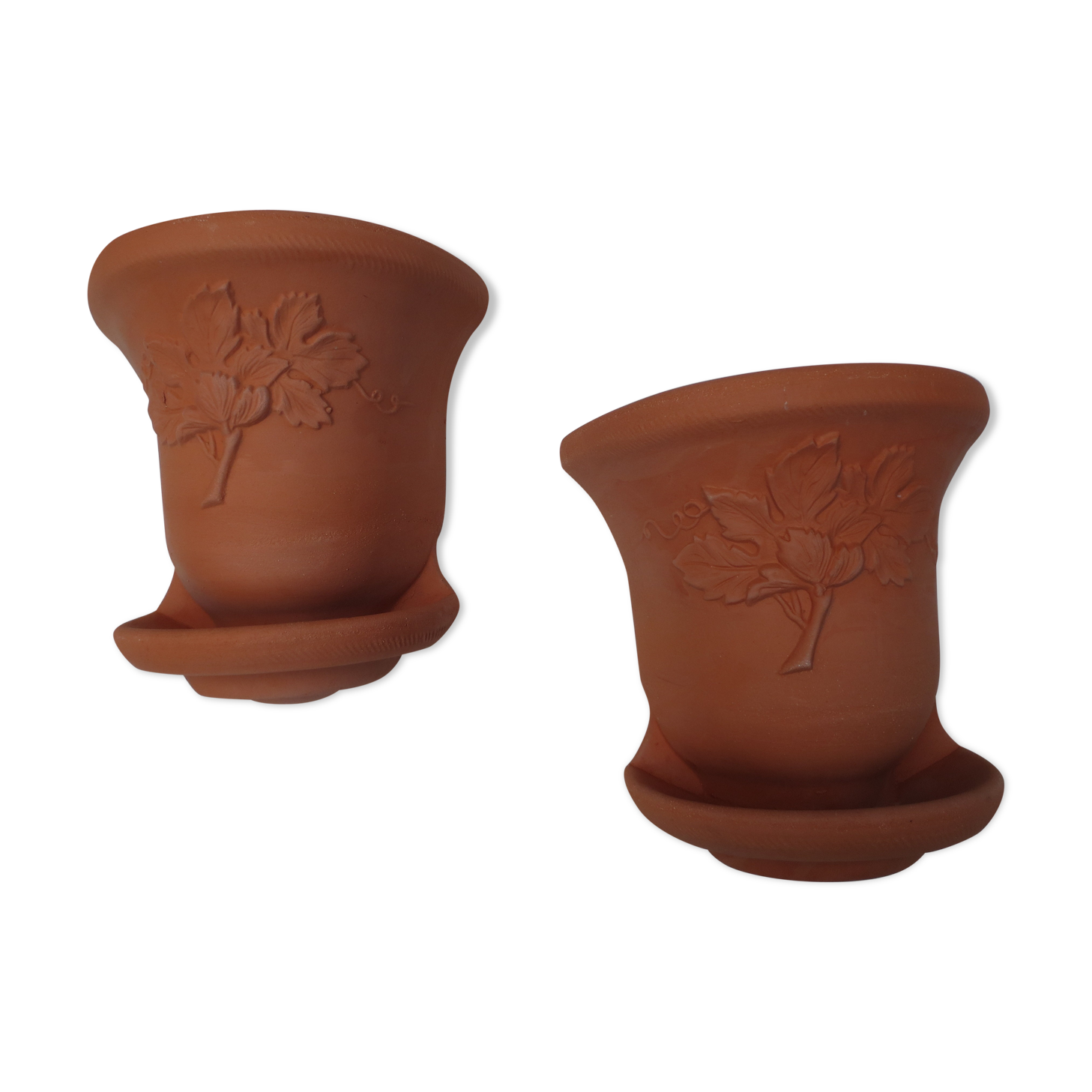 Duet of old flowerpots earthen terracotta