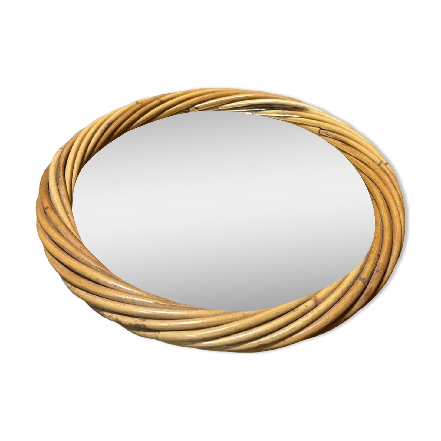 Old vintage rattan round mirror, 70s, pop decoration