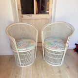 Set of 2 Vintage White Rattan Armchairs – 1970s