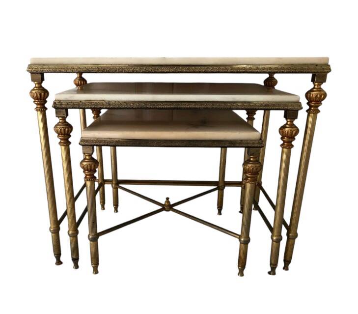 3 brass and marble nesting tables 1950