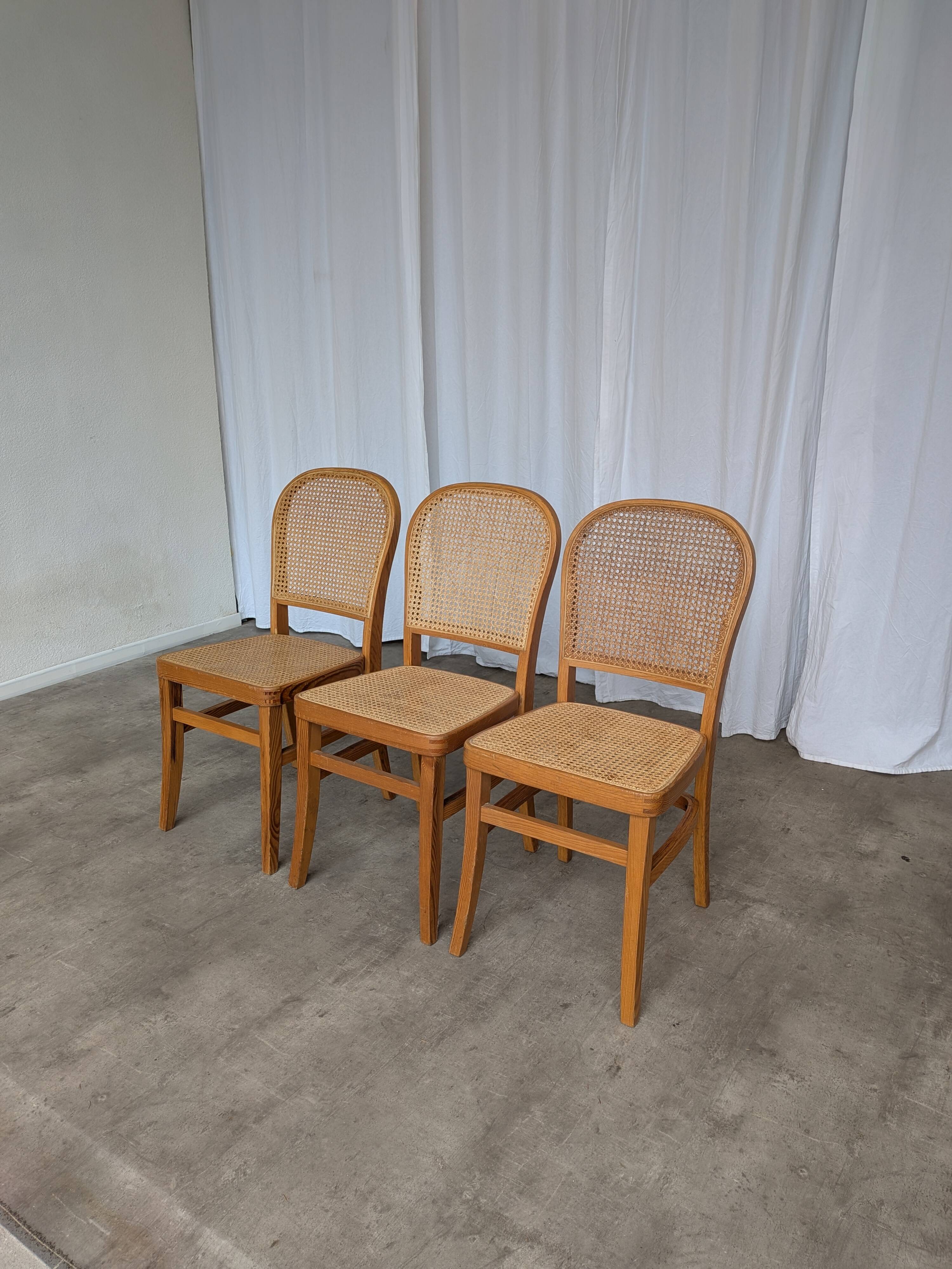 Set of 3 Vintage Wooden Dining Chairs with Cane Seat - Mid-Century Yugoslav