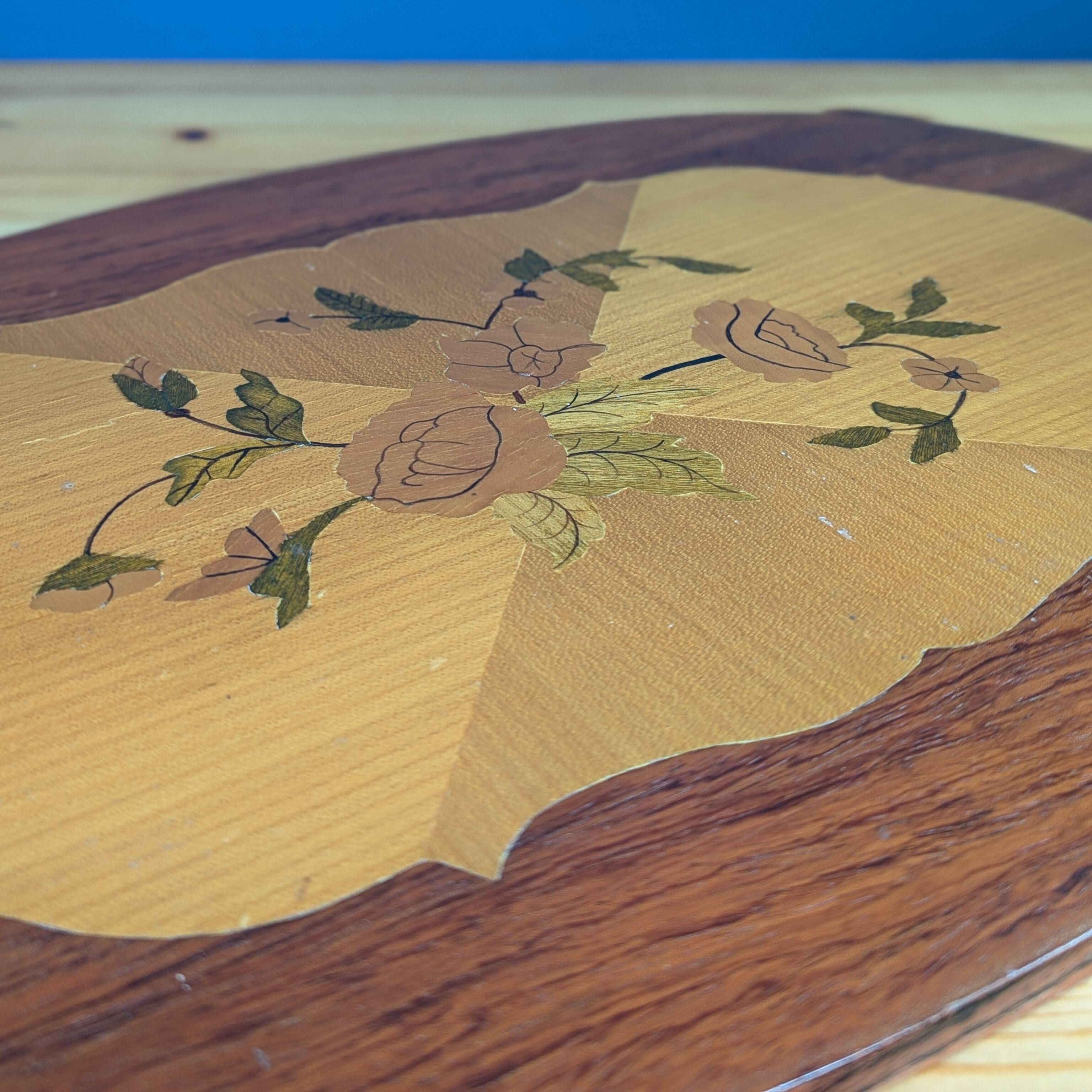 Large oval wooden tray with floral marquetry 50cm