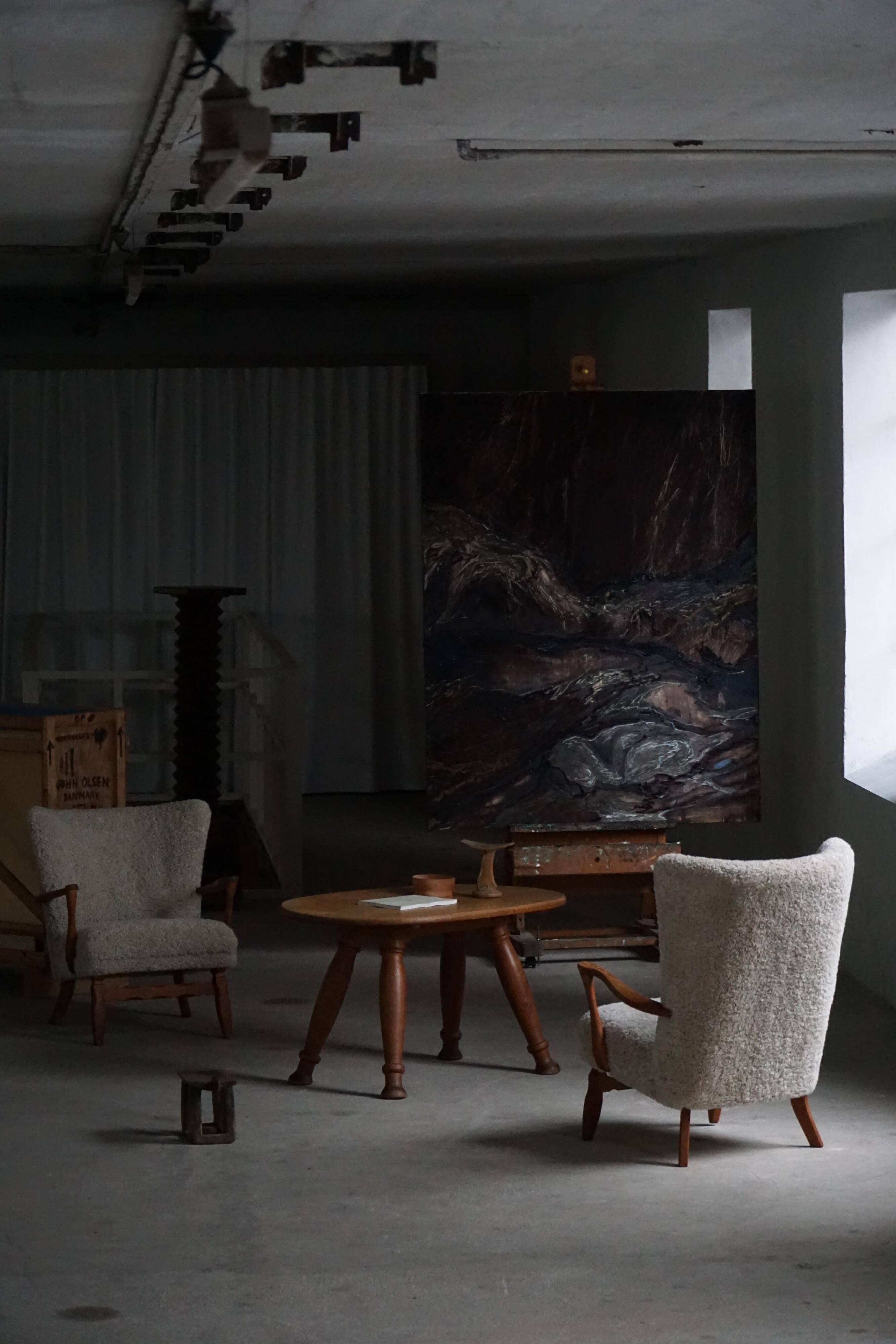 Viggo Boesen, high-back chair in oak and shearling lambskin, modern Danish design, 1950s.