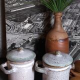 Duo of potter's pots covered in vintage glazed stoneware