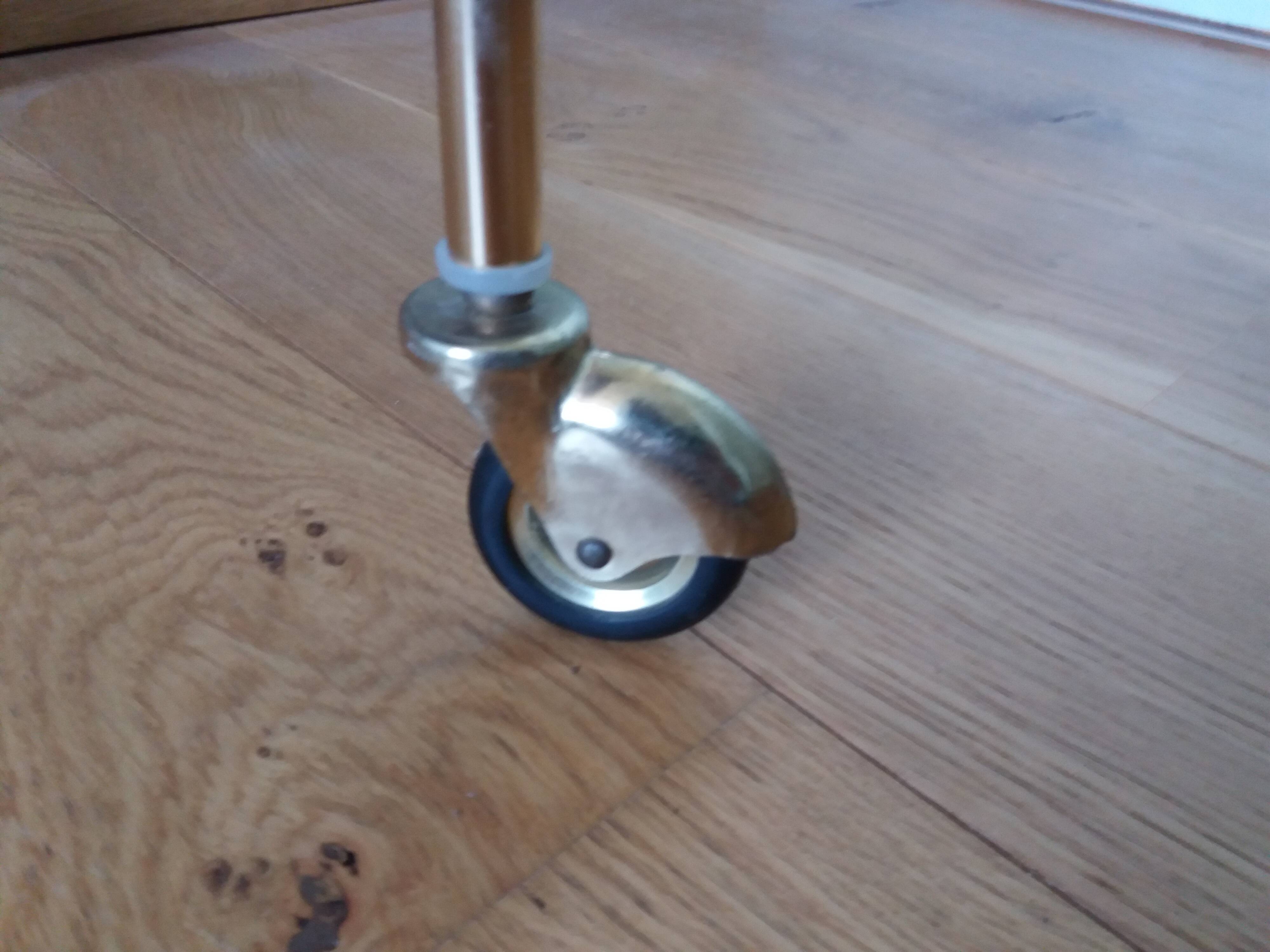 Vinyl hi-fi console with wheels in gold metal and wood