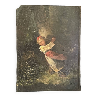 oil on panel, Red Riding Hood, unsigned, quite old-fashioned