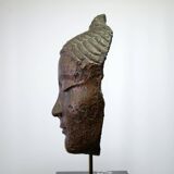 Buddha head sculpture, marble base