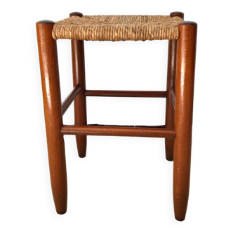 Tabouret vintage en bois et paille années 60