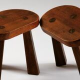 Pair of tripod brutalist stools, France 1950s