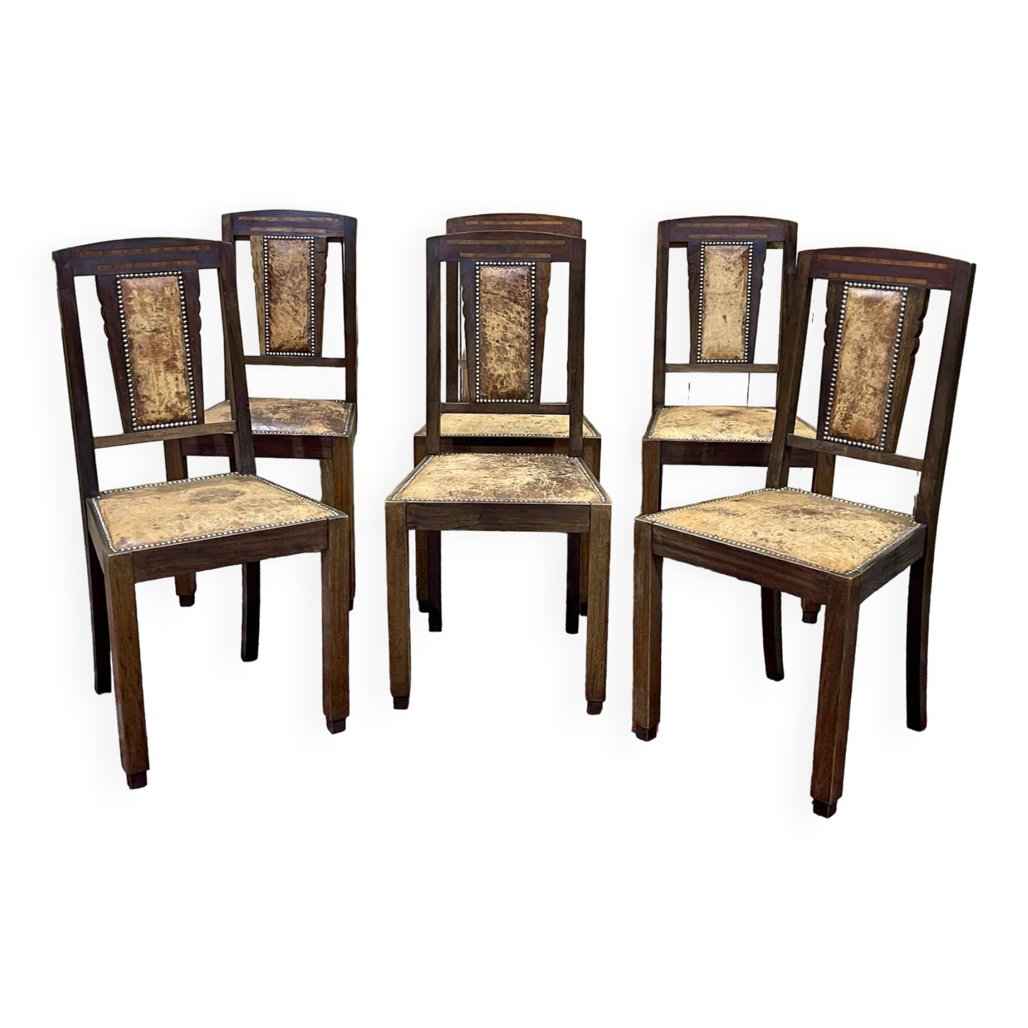 Series of 6 Art Deco chairs in mahogany and leather from the 1930s