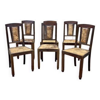 Série de 6 chaises Art déco en acajou et cuir des années 1930