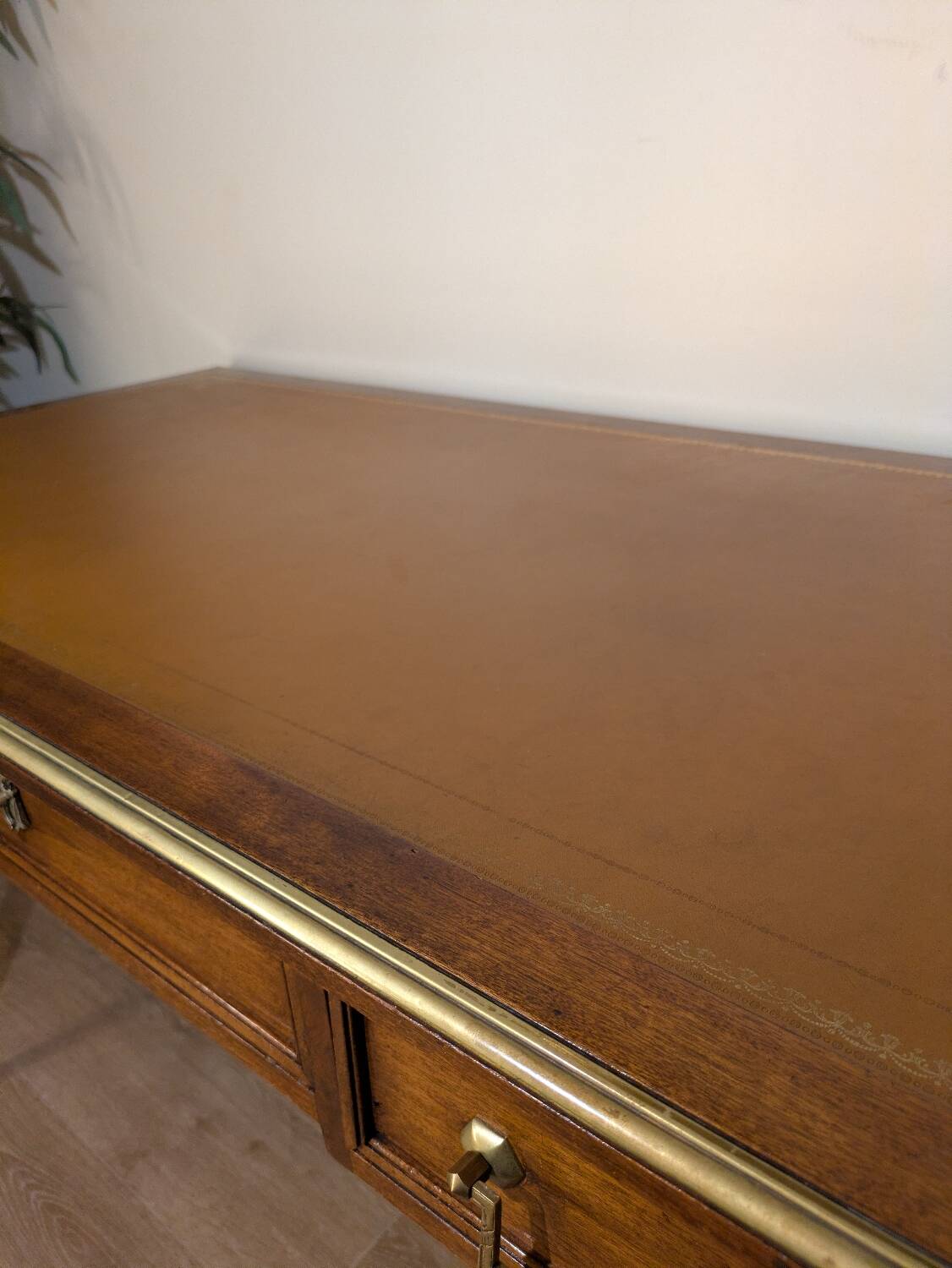 Antique Louis XVI style vintage desk, leather, brass, cherry wood