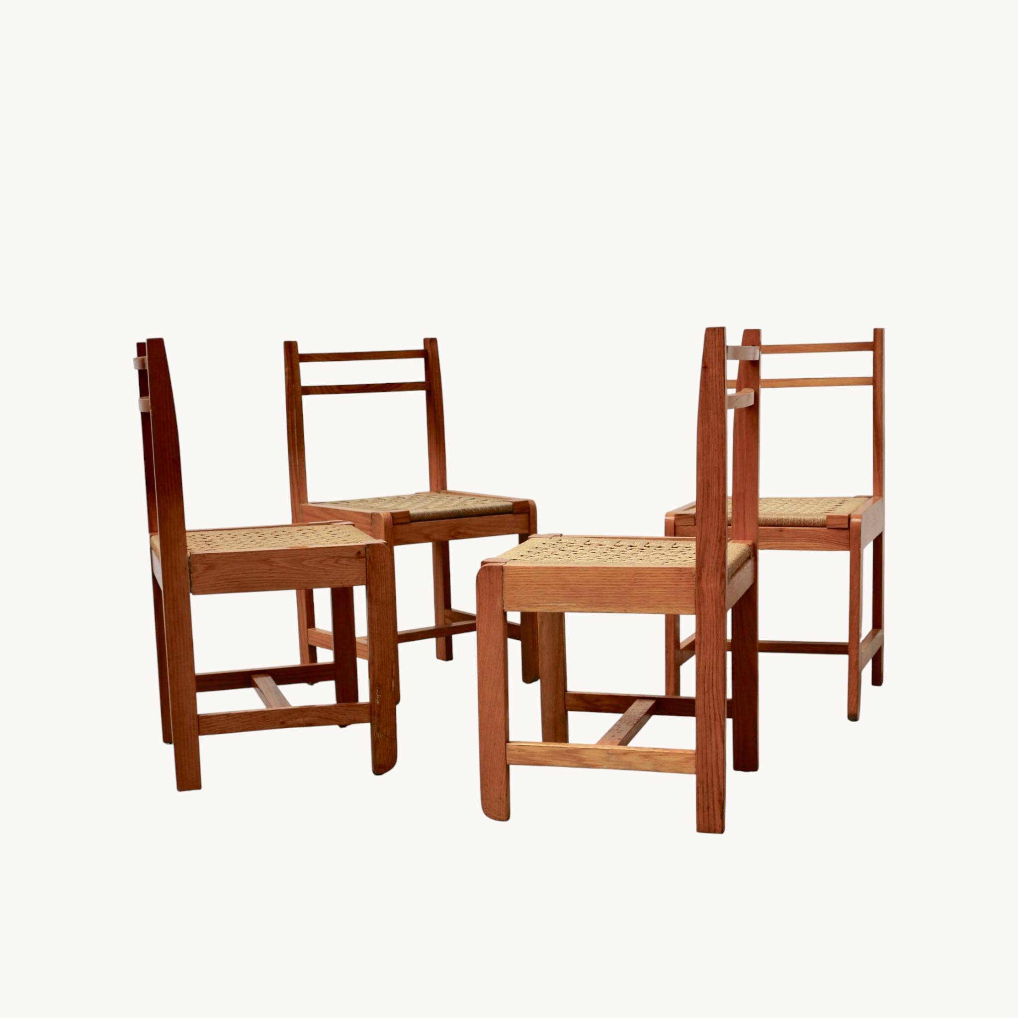 6 light wood chairs with rush seats, Italy, 1960s