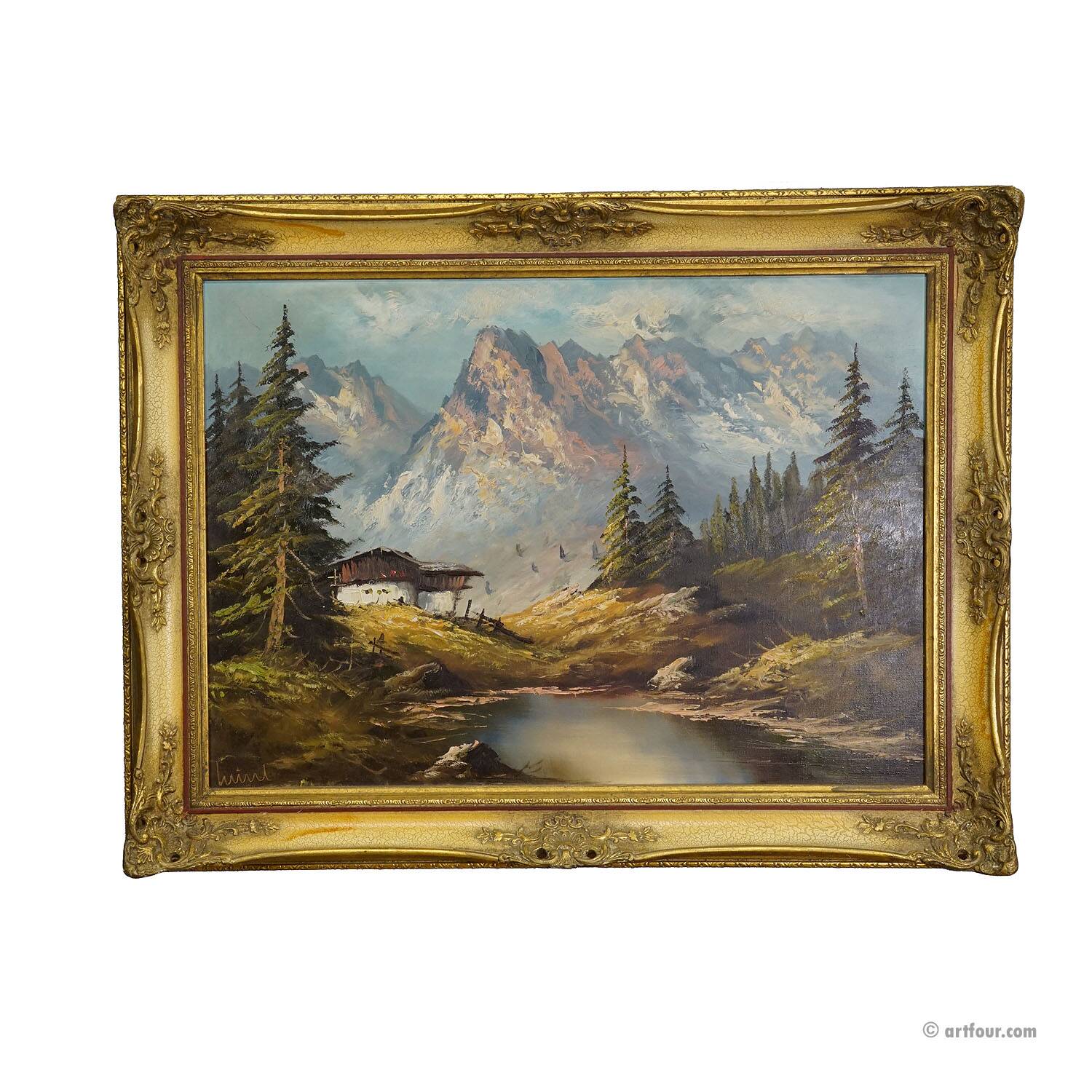 Alpine landscape oil painting with Tyrolean mountain hut