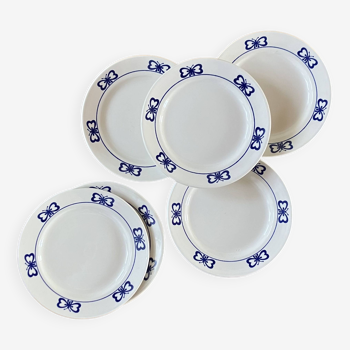 Set of 6 white and blue porcelain dessert plates with butterflies